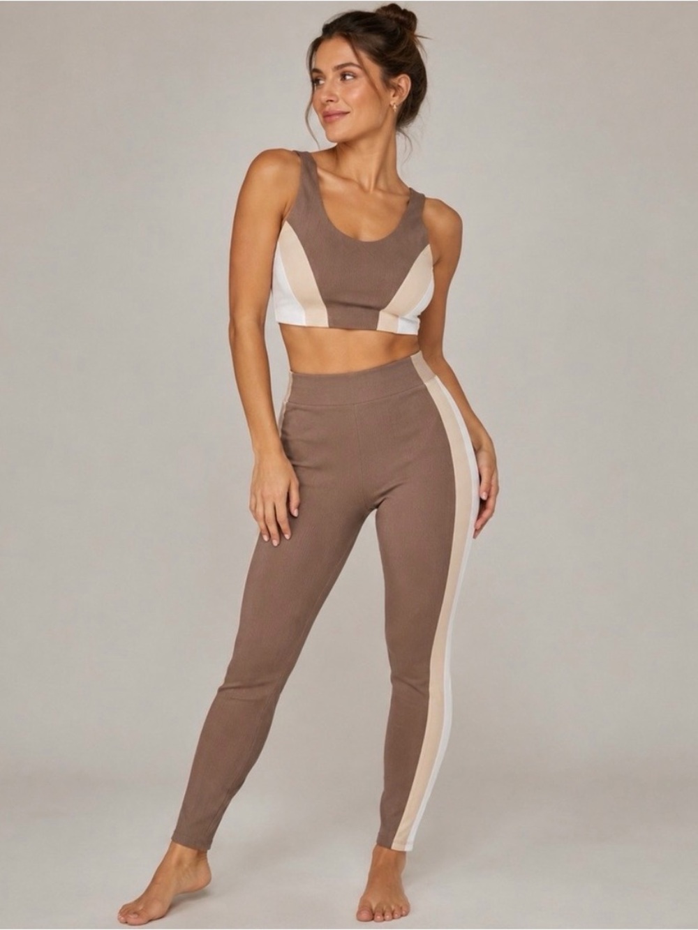 WILO The Label Ribbed Taupe High-Waist Leggings with Contrast Side Stripe Medium